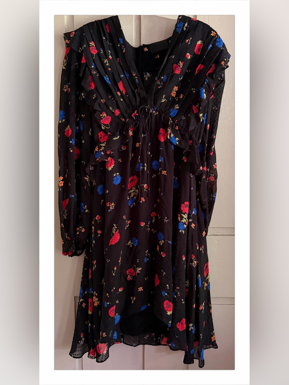 The Kooples Black Multicolor Floral Silk Mini Dress Long Sleeve Short sz 2